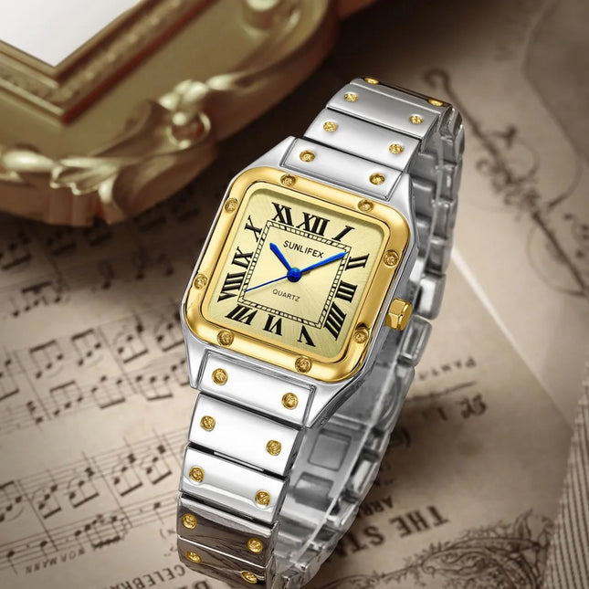 Relógios Femininos Quadrados Relógio de Quartzo Feminino Relógio de Pulso Feminino Pulseira de Bambu de Aço Inoxidável Relógio Feminino Casual Relogio Feminino