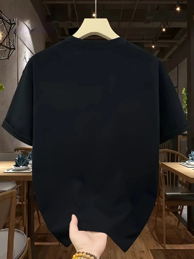 Camiseta Masculina 100% Algodão Puro, Solta, Respirável, Casual, Estampa de Letras, Manga Curta, Gola Redonda